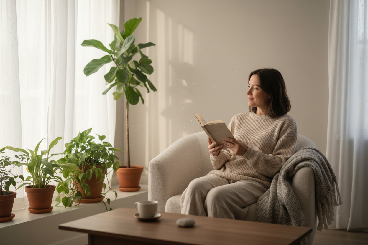 person relax at home, calm 